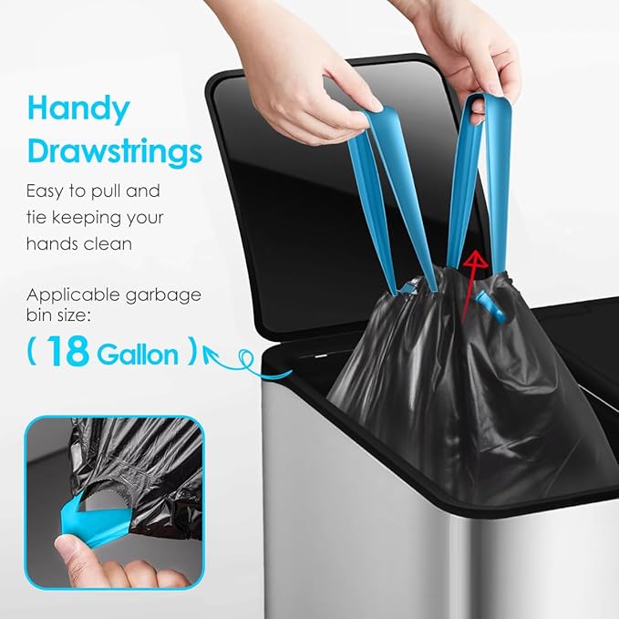 18 Gallon 120 Counts Strong Drawstring Trash Bags Garbage Bags by Teivio Bathroom Trash Can Bin Liners Plastic Bags for home office kitchen Black