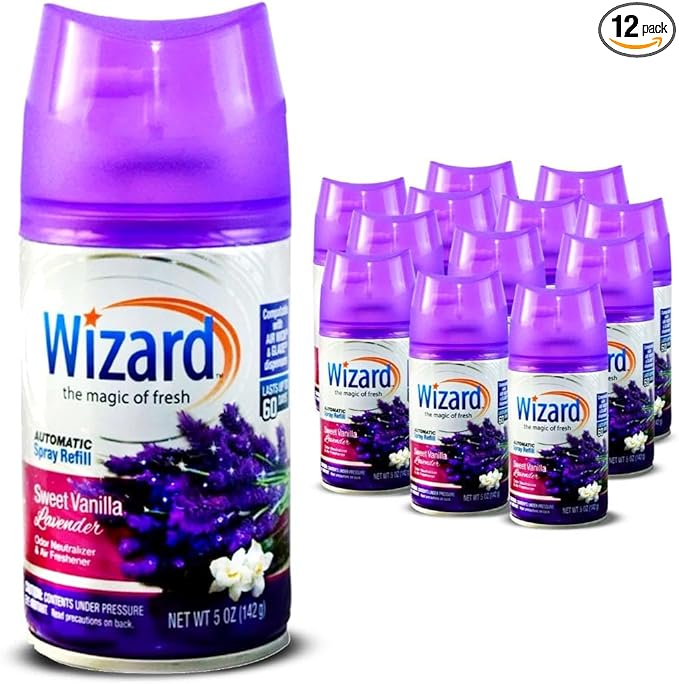 12 WIZARD AUTOMATIC SPRAY REFILLS SWEET VANILLA LAVENDER 5 oz