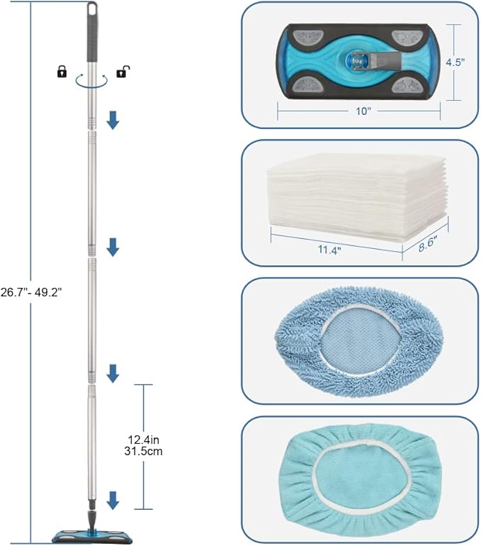 Layers Sweeper Mop Starter Kit Small Sweeping Flat Mop with 2 Reusable Microfiber Pads30pcs Disposable Dry Cloths Dust Mop for Hardwood Floor Cleaning