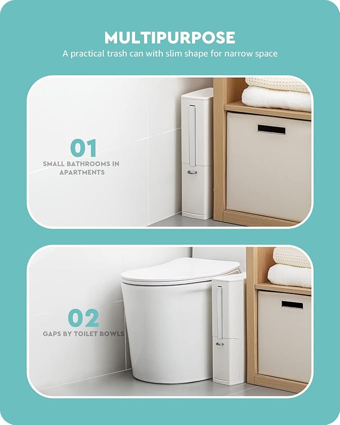 Baffect 2 Liter White Slim Bathroom Trash Can with Lid and Toilet Brush Holder