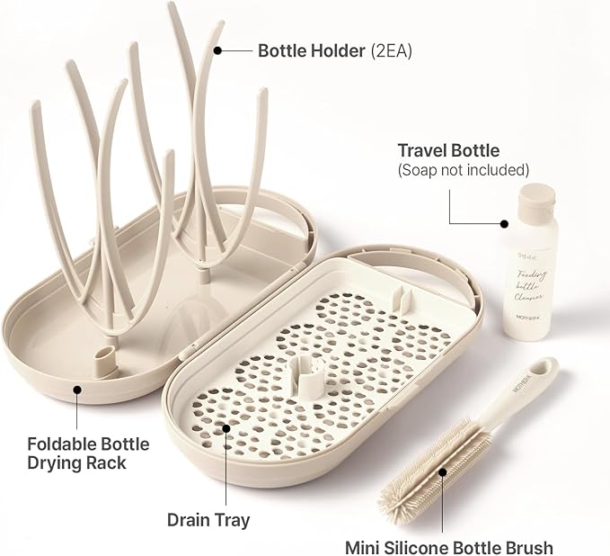 MOTHER-K Travel Baby Bottle Drying Rack Set - Baby Bottle Cleaner Kit with Mini Silicone Bottle Brush Portable Bottle Drying Rack for Home and Travel (Cream)