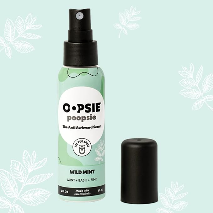 Oopsie Poopsie Pre Poop Spray - 4 Pack Natural Pre Poo Toilet Spray for Bathrooms Trap Odors &amp Eliminate Embarrassment 2oz Travel Size Pre Poo Air Freshener Spray (Wild Mint)