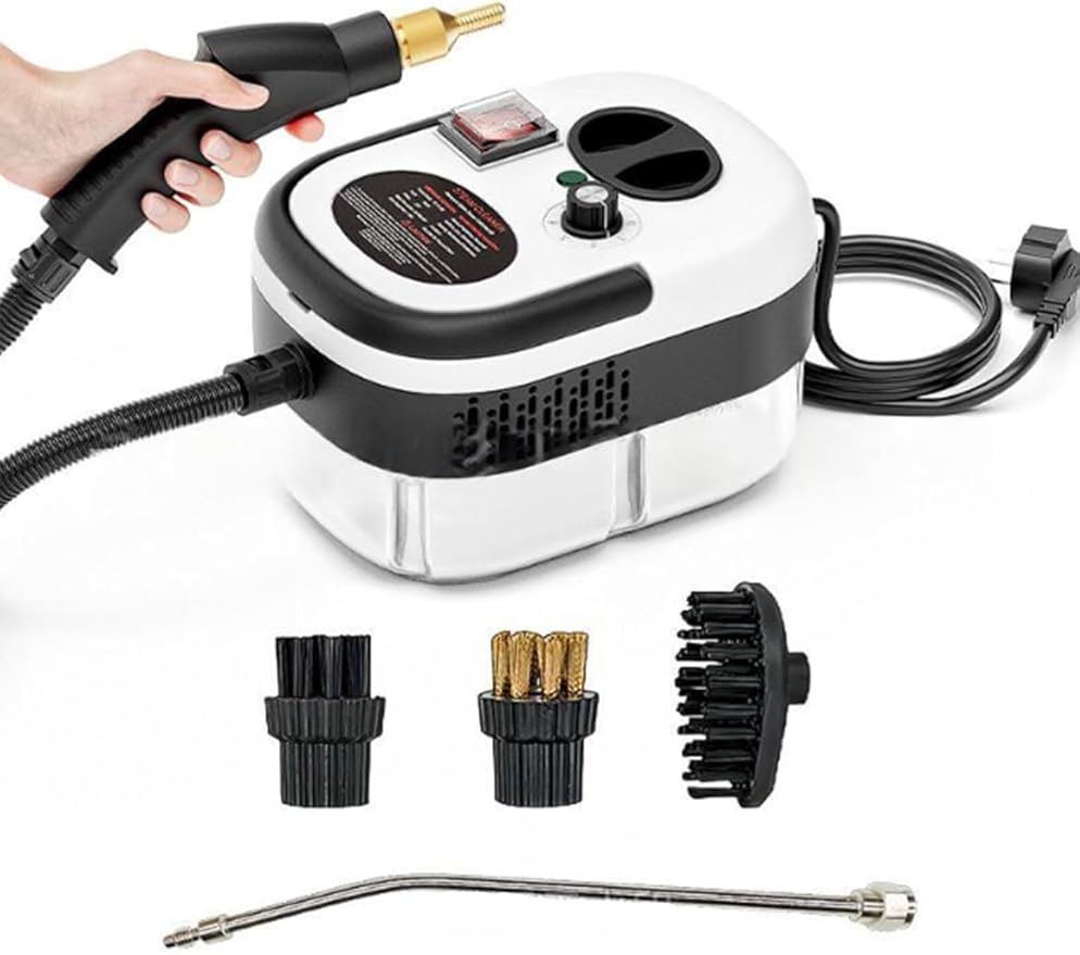Handheld Steam Cleaner 1200ML Household Compact Kitchen Steam Cleaning Machine 6-Speed Adjustment Multi-Function Nozzle for Cleaning Floor Upholstery Grout and Car (Black and white)