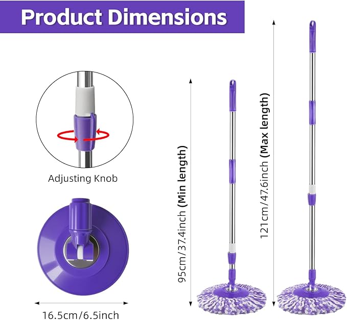Spin Mop Replacement Handle 47.6-inch 360 Degrees Rotating Telescopic Replacement Mop Stick with Robust Reinforced Plastic Disc for Spin Mop Bucket Cleaning System (Plastic DiscPurple)