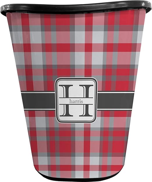 Personalized Red &amp Gray Plaid Waste Basket - Double Sided (Black)