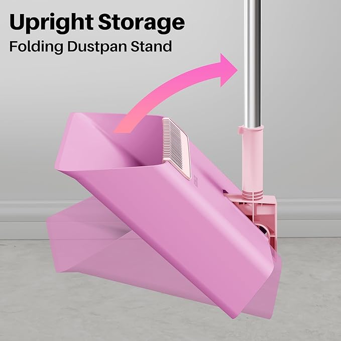 JOYMOOP Pink Broom and Dustpan Set Upright Angle with Built-in Comb Teeth for Kitchen Lobby Pet Hair and Hard Floors