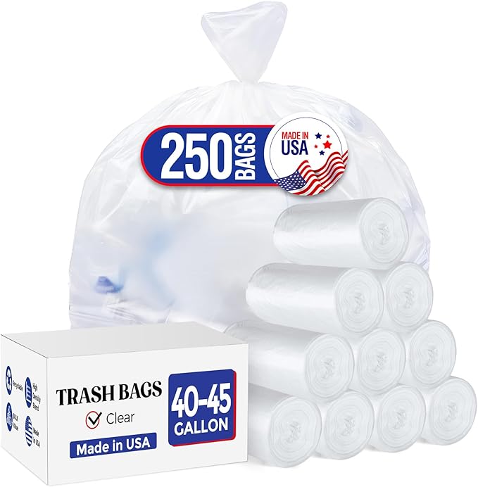 Delxo 40-45 Gallon Clear Trash Bags 250 Count – Medium Duty Garbage Bags Thick Durable &amp Puncture-Resistant Plastic – Made in USA for Kitchen Yard Office &amp Party