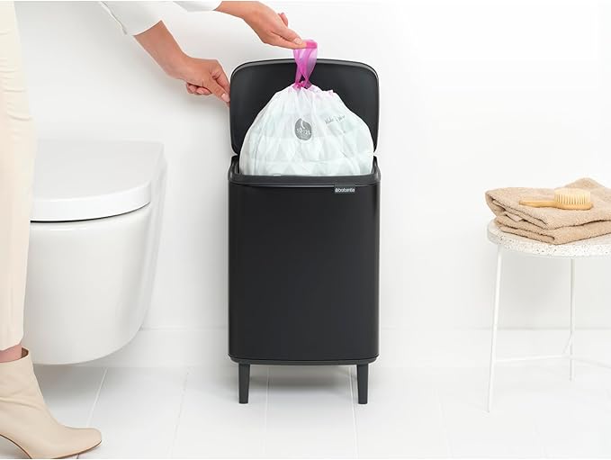 Brabantia Bo Small Lift-Open Trash Can with Raised Legs | 3.2 Gal / 12L | Matt Black | Free Standing Bedroom Bathroom Nursery Trash Can Removable Inner Bucket Non-Slip Feet | + Trash Bags