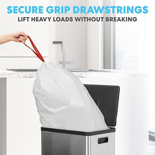 Simpli-Magic 13 Gallon Drawstring Trash Bags Code B 120 Pack – Tall Kitchen Garbage Bags Custom Made with Premium Materials (White)