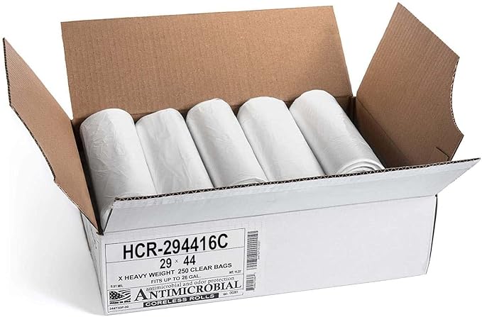 Aluf Plastics High Density Trash Bags 26 Gallon 250 Count 16 Micron (eq) 29 x 44 Clear for Bathroom Office Industrial Commercial Janitorial Municipal Recycling
