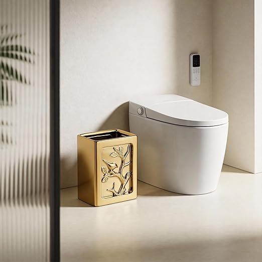 Gold Bathroom Trash CanLuxury Ceramic Hand Carved Decor Garbage Can1.32 Gallon/5 Liter Stylish Small Waste Basket for BathroomOfficePartyRoom