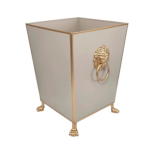 Jaye’s Studio Decorative Waste Basket Bathroom With Gold Feet Garbage Can Bedroom Vanity Metal Office Trash Cans Square Trash Bin No Lid Taupe Bathroom Accessories Lion’s Head Accent Paws &amp C