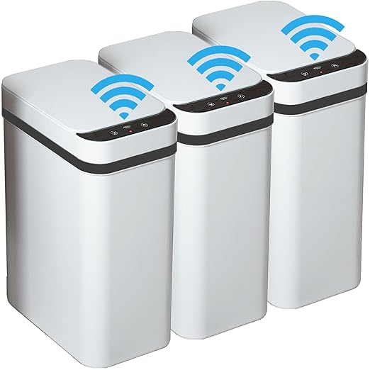 3 PACK - Bathroom Garbage Can with a Lid - 2.5 Gallon Automatic Trash Cans Touchless - Bedroom Office - Small Smart Trash Can - Plastic Narrow Auto Open - Motion Sensor Trash can Bathroom ( White )