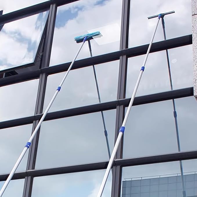 1.2-15M Aluminum Alloy High Window Glass Cleaning Pole with 35Cm Rubber Scraper and Fiber Mop Head Telescopic Long Pole Window CleanerPole Length 3.6m
