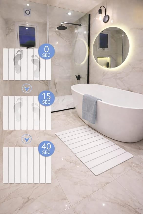 Premium Foldable Stone Bath Mat - Ultra Absorbent Quick Drying Compact Easy to Store &amp Clean Non-Slip Diatomaceous Earth Bath Shower Mat (White)