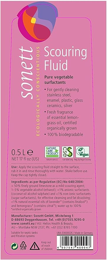 Sonett Organic Biodegradable Scouring Liquid 17 fl.oz Certified Organically Grown (Pack of 6)