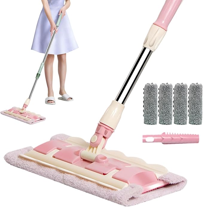 Flat Floor Mop - Ergonomic Swivel Handle Cleaner Includes 4 Washable Microfiber Cloths | Telescopic Handle Versatile Home Maintenance Solution for Tile Stone Concrete Linoleum or Sealed Wood Are
