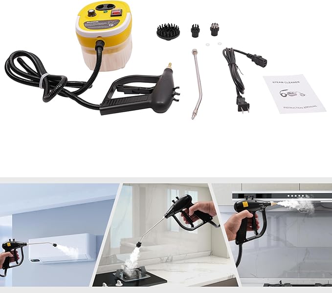 110V 2500W Portable Steam Cleaner High Temp High Pressure Compact Cleaning Machine Handheld Steam Cleaner with 3 Brushes for Home Kitchen Garage Garden (Yellow)