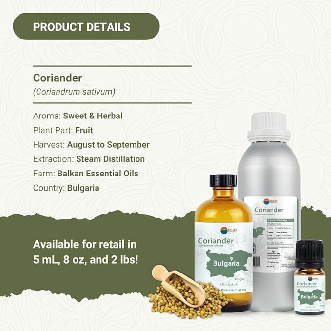 Coriander Essential Oil - Direct from Bulgarian Balkan Mountains - Steam Distilled - Aceite Cilantro for Aromatherapy Massage Diffuser DIY Candle and Soap Making - 2lbs