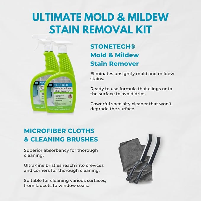 StoneTech Mold and Mildew Stain Remover Cleaning Kit | Kitchen Patio Shower and Bathroom Cleaner for Natural Stone Tile and Grout 2-Pack 24-Ounce Spray with Microfibers and Crevice Brushes