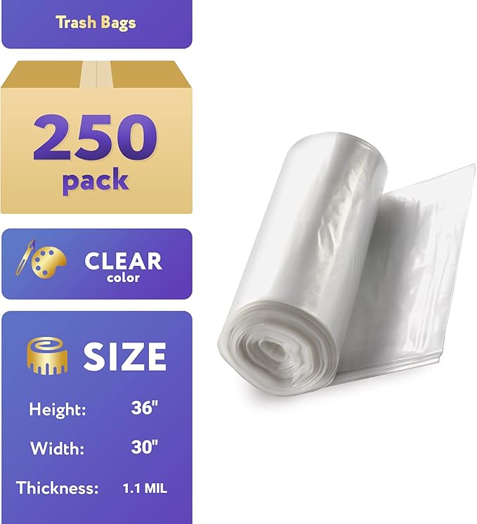 APQ Outdoor Trash Bags Large 30 x 36 Pack of 250 Clear Trash Can Liners Thin 1.1 Mil Polyethylene Big Garbage Bags Unscented Leakproof Waste Basket Bags 20-30 Gallons Kitchen Waste Basket Liner