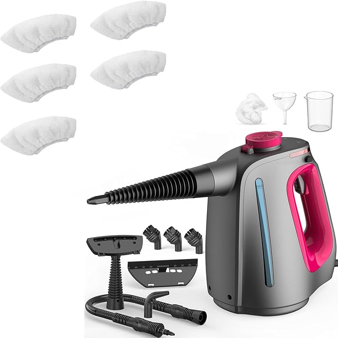 Heavy Duty Handheld Steam Cleaner for Cleaning with Lockable Steam Button&amp11pcs Accessories Unlimited Water Addition for Continuous Steaming Multi-Purpose Steamer +5 Pack Steam Cleaner Towel Sle