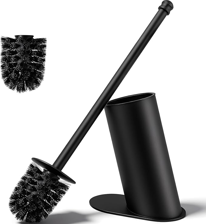 Toilet Brush and Holder Set Stainless Steel Toilet Bowl Brush with 16.5 Long-Reach Handle Tilted Canister with Concealed Brush Head &amp Anti-Splash Shield for Bathroom Cleaning 1 Spare Head Incl