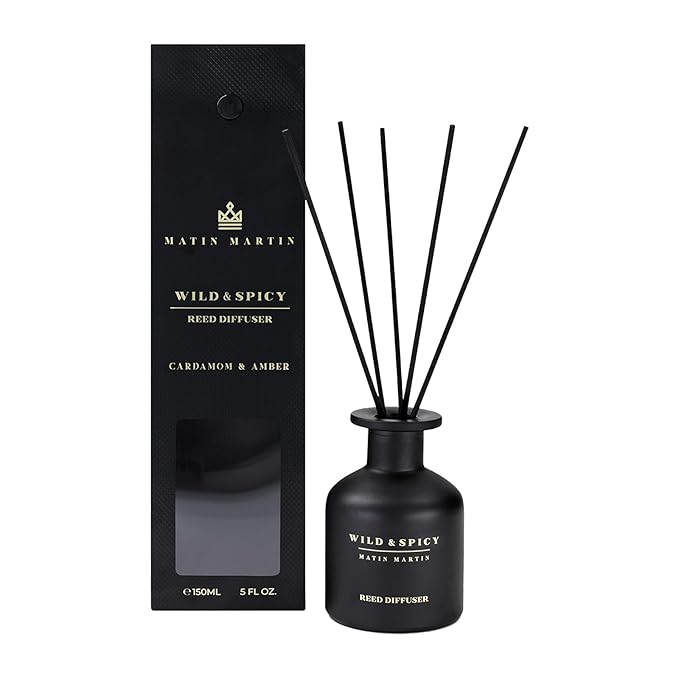 Matin Martin Wild and Spicy Reed Diffuser 5 oz - Luxury Aromatherapy with Cardamom &amp Amber - Home Decor Gift for Bedroom Office Living Room Bathroom - Long-Lasting Scent - Premium Fragrance Sti