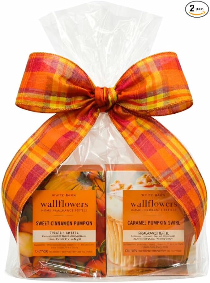 Bath &amp Body Works Sweet Cinnamon Pumpkin &amp Caramel Pumpkin Swirl – Fall Collections – 2-piece gift set with 30-inch Autumn Plaid Ribbon Bow – 0.8 fl oz each