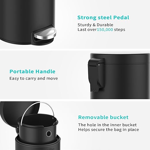 mVm Bathroom Trash Can1.3 Gallon/5 Lliter Small Trash Can with Lid and Foot PedalSoft-CloseAnti-Fingerprin.Step Round Stainless Steel Garbage Can for BathroomBedroomOfficeLiving Room(Black)