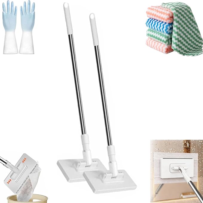 Mini Sweeper Mop No-Touch Dirty Cleaning Flat Dust Mop Disposable Dust Wall No-Wash Mops with Long Handle Automatic Cloth Changing Swab with 5 Reusable (2pcs)