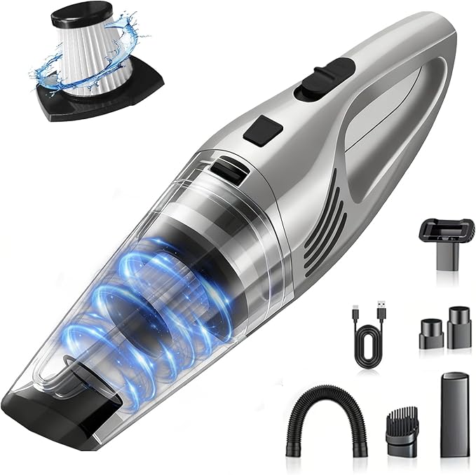 Car Vacuum Portable Cordless – 9000PA Strong Suction Lightweight &amp Rechargeable – Includes Multi-Nozzle Attachments for Car Home Office and Pet Hair – Compact &amp Powerful Grey Vacuum