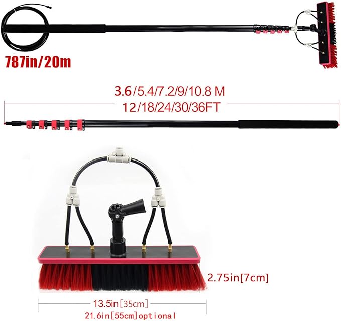 Water Fed Pole Kit Window Cleaning Brush Extendable Water Spray Pole Brush for Cleaning Window Solar Panels/30Cm/7.2M/24Ft