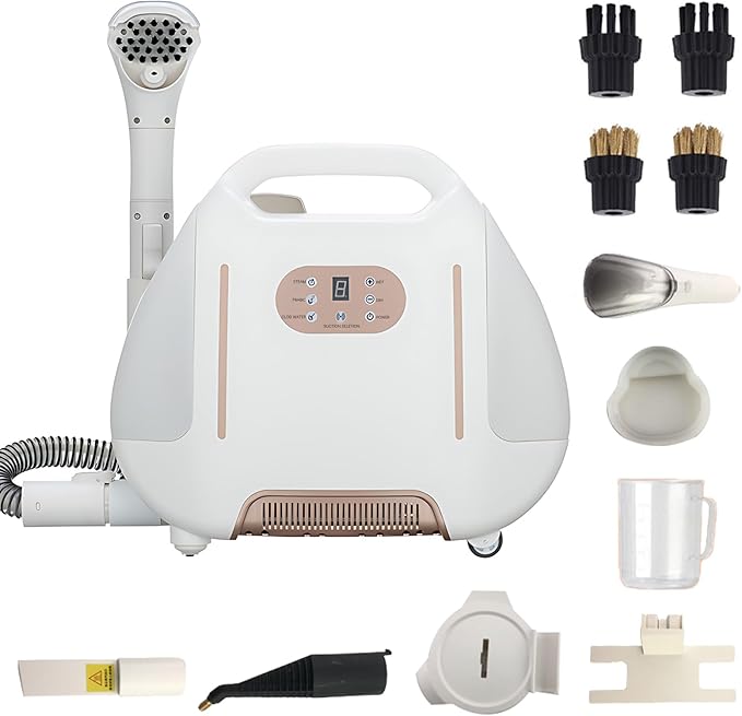 Rolling Carpet Spot &amp Upholstery Cleaner 1600W Steamer 1600ml Dual Tank White - Self - Cleaning Steam &amp Vacuum for Pet Rugs &amp Tiles