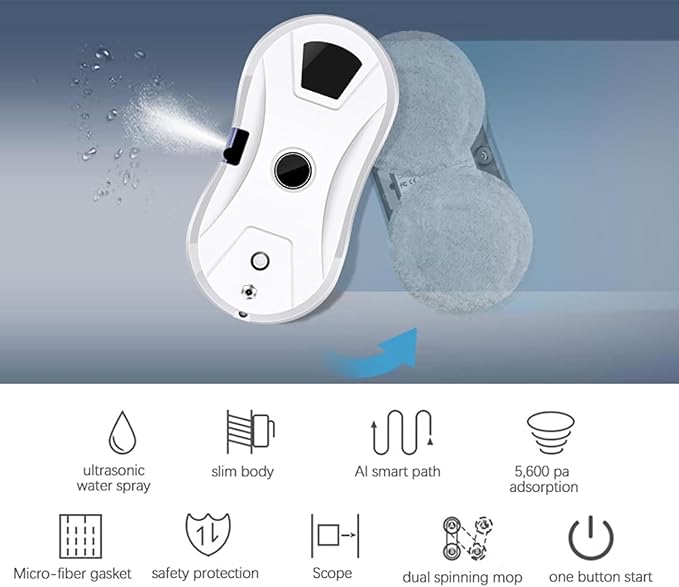 Automatic Smart Window Cleaning Robot with Single Water Spray 5600Pa Suction Multiple Cleaning Modes &amp Remote Control UPS Backup &amp Safety Rope for High Windows Mirrors and Tiles (White)