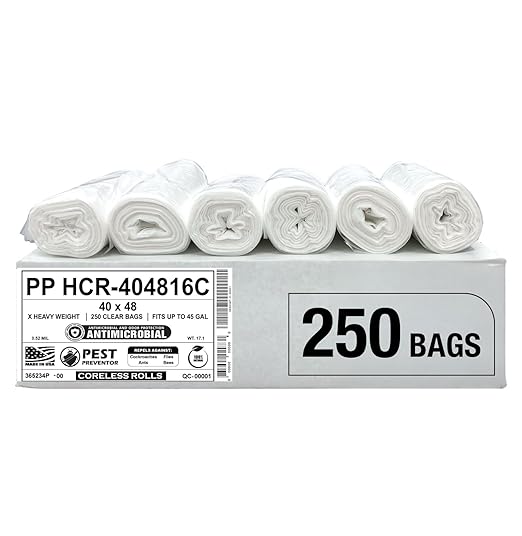 Aluf Plastics 45 Gallon Clear Trash Bags 40 x 48 - 16 Micron Equivalent Pack of 250 High Density Value Garbage Bags PP HCR-404816C