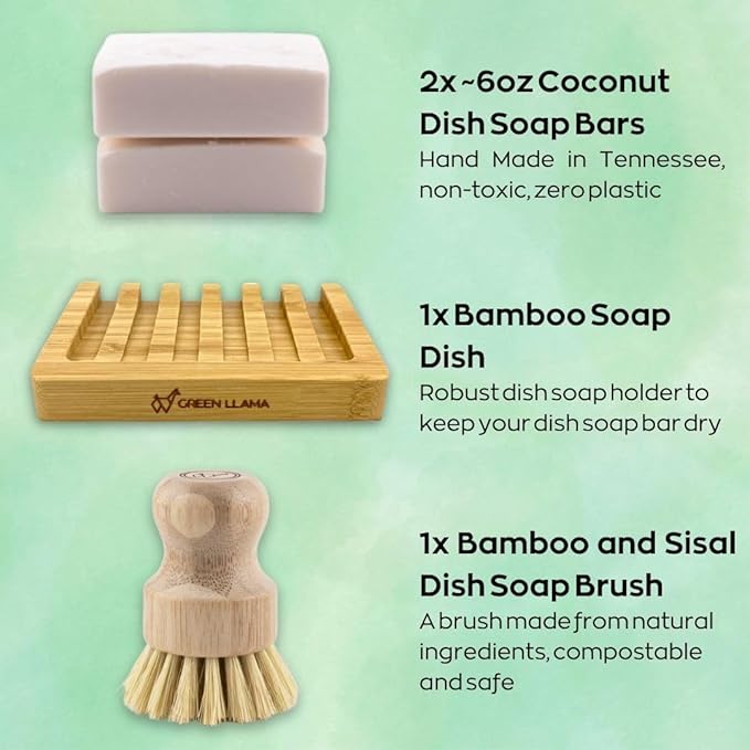 Green Llama Eco-Friendly Dish Washing Bar Soap Set with 2 Fragrance-Free Solid Coconut Oil Bars Sisal Scrub Brush and Bamboo Holder - Sustainable Kitchen Cleaning set