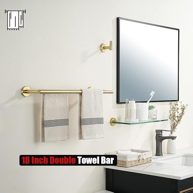 JQK Gold Double Towel Bar 19 Inch 304 Stainless Steel Thicken 0.8mm Towel Rack Bathroom Towel Holder Brushed Gold Wall Mount Useable Length 16 Inch TB100L16-BG