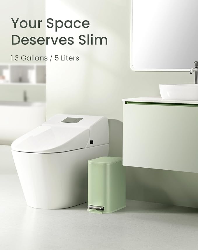 Cesun Small Bathroom Trash Can with Lid Soft Close Step Pedal 5 Liter / 1.3 Gallon Stainless Steel Garbage Can with Removable Inner Bucket Waste Basket for Bathroom Bedroom (Green)