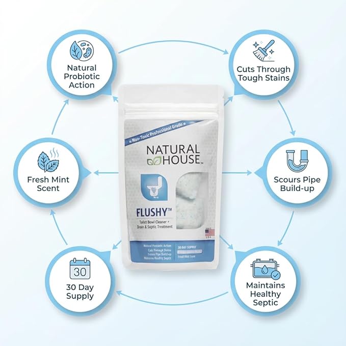 Natural House Flushy - Probiotic Toilet Bowl Cleaner Pods - Septic Safe - Removes Hard Water Stains - Fresh Mint Scent - 60 count
