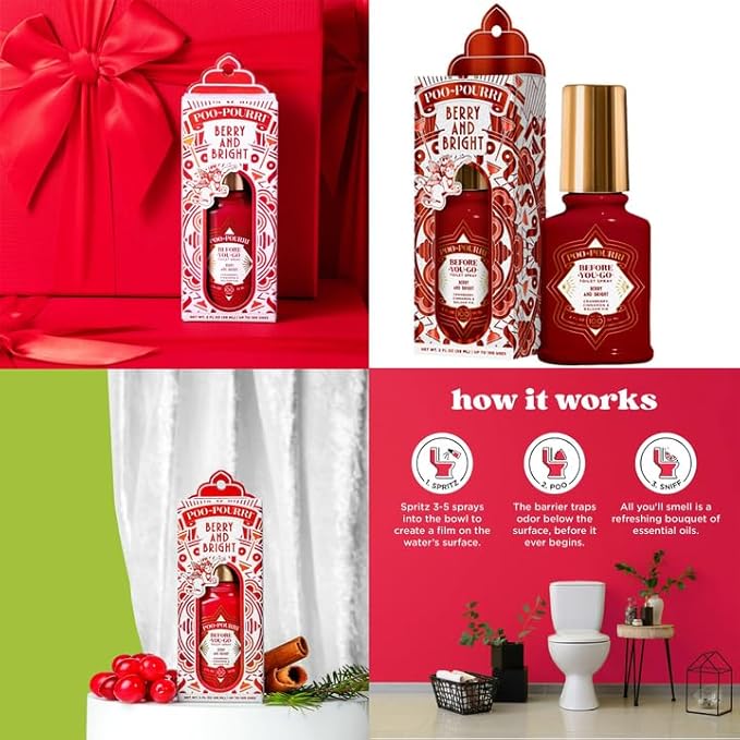 Poo-Pourri Before-You-Go Toilet Spray Holiday set Hollyday Spice Mistletoe Spritzes Oh Spritzmas Tree Berry and Bright Balsam Bum