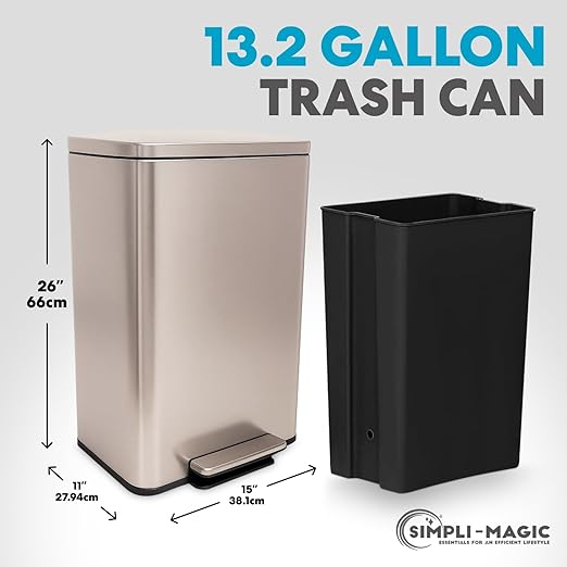 Simpli-Magic 13.2 Gallon (50L) Step Trash Can – Kitchen Garbage Can with Slow-Close Lid – Odor Control Hands-Free Easy to Clean Brushed Stainless Steel (Rose Gold)