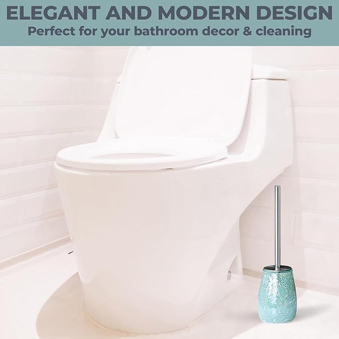 Escenzy Turquoise Green Toilet Brush and Holder Set Mosaic Glass | Non-Rustic Stainless Steel | Practical &amp Decorative Toilet Bowl Brush and Holder | Luxury Green Bathroom Accessories