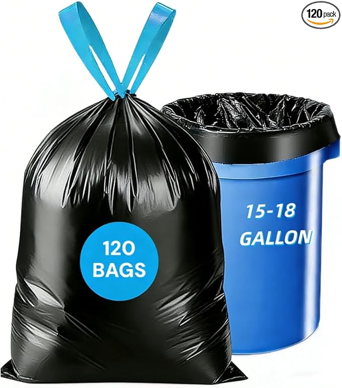 15-18 Gallon Trash Bags Drawstring1.2 MilUltra Large Trash Can Liners Heavy Duty Strong for Home Kitchen Office Lawn Commercial.(120 Count)