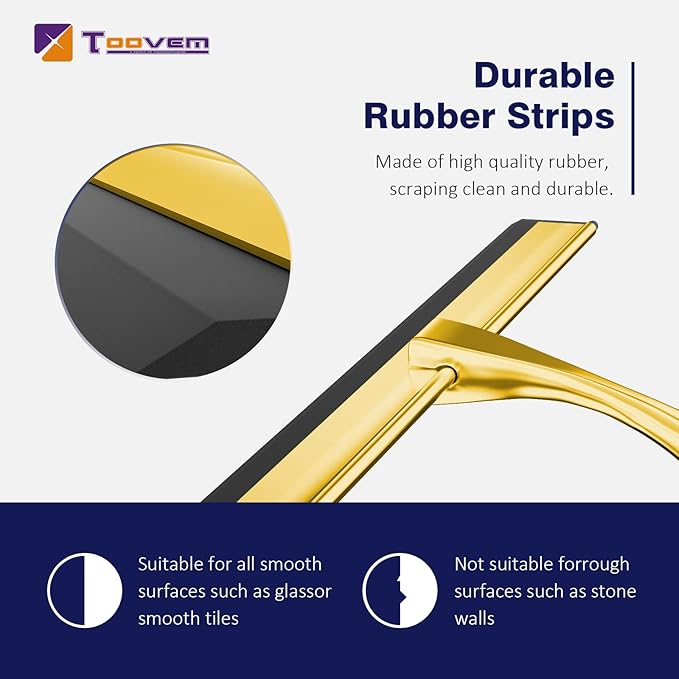 TOOVEM 14 Inch Shower Squeegee for Glass Doors Window Bathroom Car Windshield Shower Cleaning Tools with S Hook Square Sticky Hook (Gold)