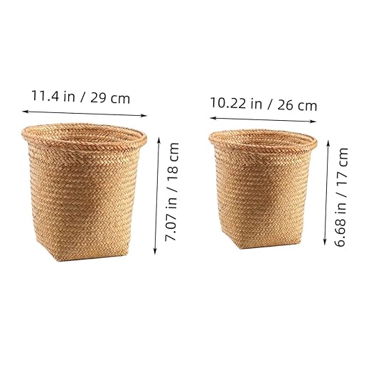 Kichvoe Seagrass Trash Can 2pcs Round Wicker Waste Basket Boho Woven Garbage Bin Laundry Hamper Basket Rattan Plant Pot Cover for Kitchen Bathroom Home Office
