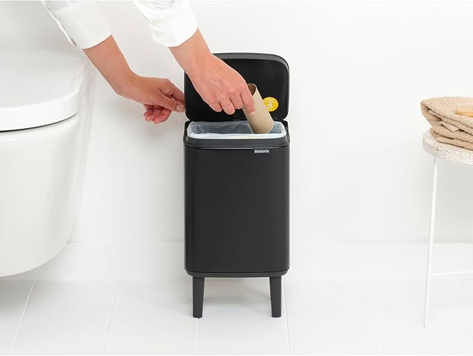 Brabantia Bo XS Lift Open Trash Can with Raised Legs | 1.1 Gal / 4L | Matt Black | Free Standing Bedroom Bathroom Nursery Trash Can Removable Inner Bucket Non-Slip Feet | + Trash Bags