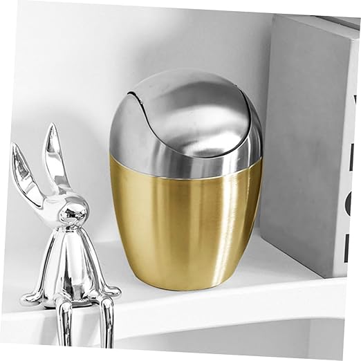 Cabilock Portable Mini Desk Trash Can with Lid Gold Countertop Garbage Bin for Office and Bedroom Sturdy Household Tabletop Wastebasket Decorative Small Desktop Storage Bucket