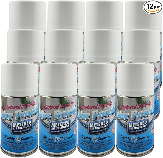 Quality Chemical Metered Aerosol Fragrance Refill Can - For Automatic Air Freshener Spray Automatic Refill - Baby Powder 7.25 oz (Pack of 12)