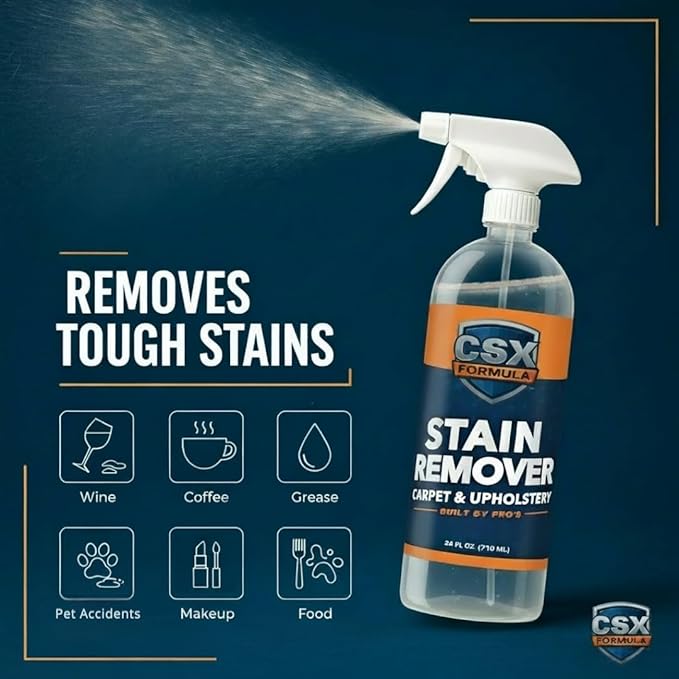 CSX Powerful Stain Remover 24oz – Heavy Duty Carpet &amp Upholstery Cleaner Professional Strength Deep Clean Formula – Removes grease wine coffee ink food and more – Made in the USA